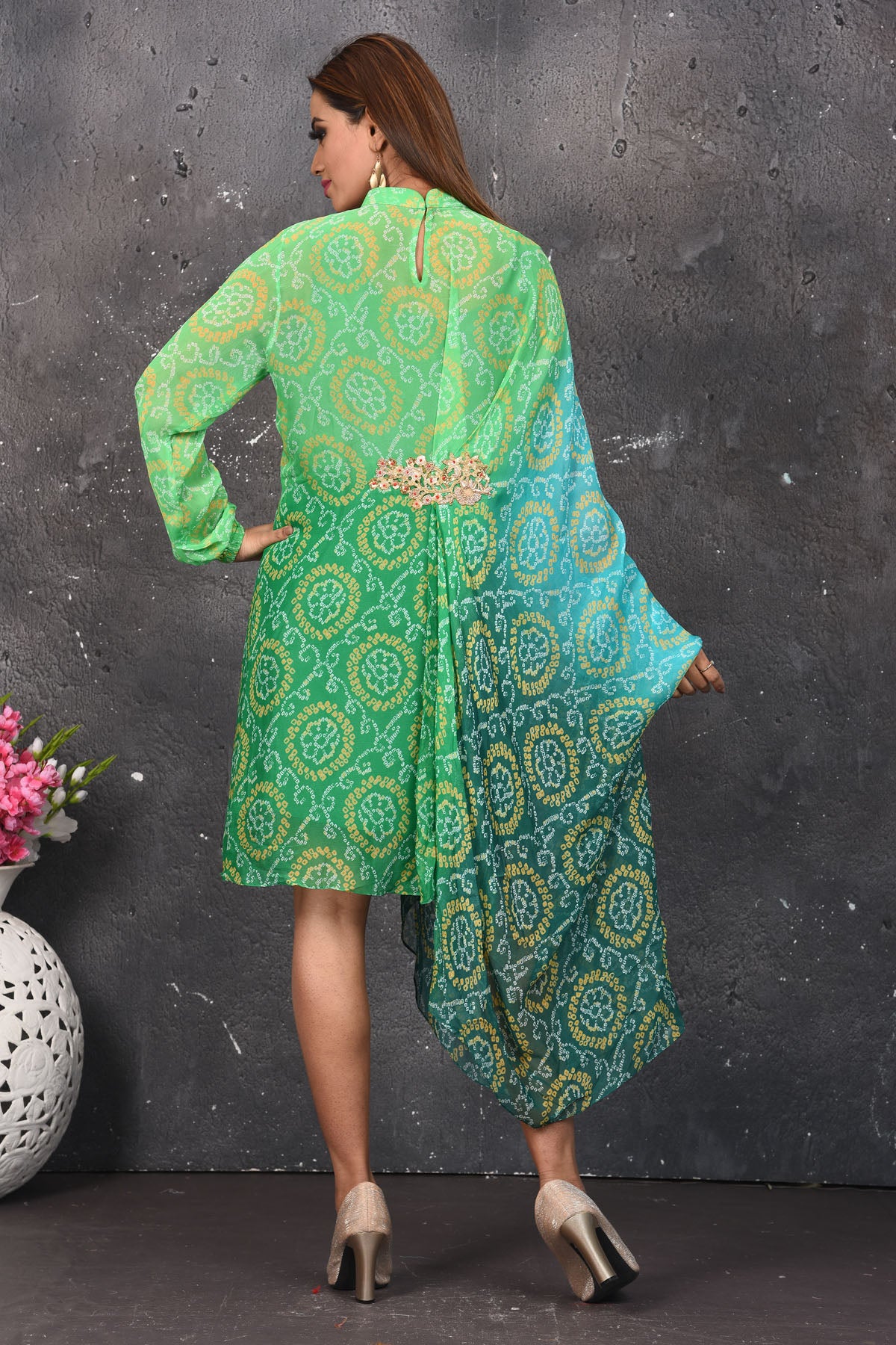 Buy stunning ombre green bandhej print indowestern dress online in USA. Be party ready with exclusive designer wear outfits. Indian designer suits, Anarkali dresses, palazzo suits, sharara suits from Pure Elegance Indian fashion store in USA.-back