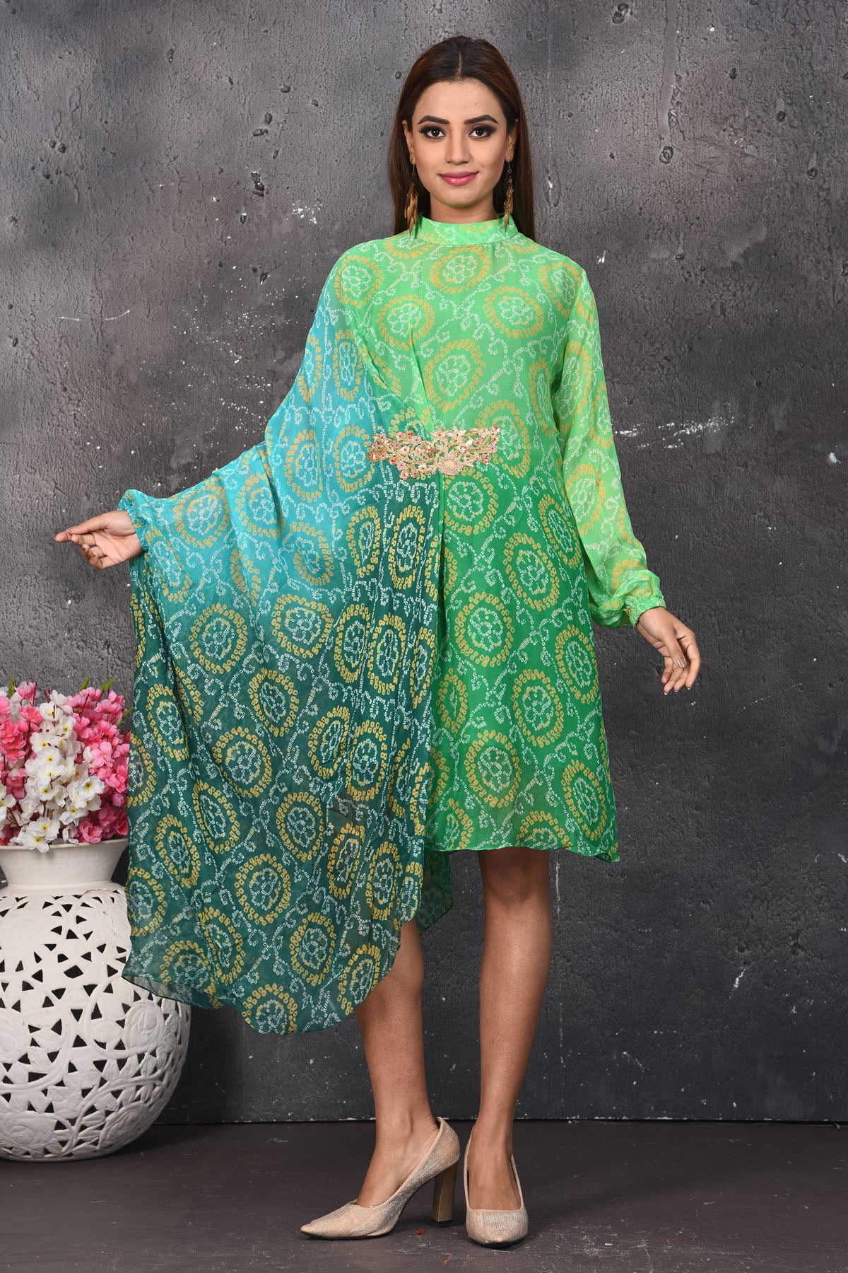 Buy Ombre Green Bandhej Print Indowestern Dress Online in USA Buy Ombre Green Bandhej Print Indowestern Dress Online in USA