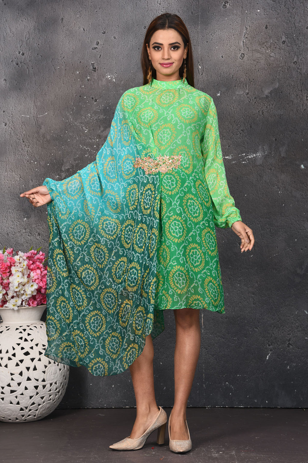 Buy stunning ombre green bandhej print indowestern dress online in USA. Be party ready with exclusive designer wear outfits. Indian designer suits, Anarkali dresses, palazzo suits, sharara suits from Pure Elegance Indian fashion store in USA.-full view