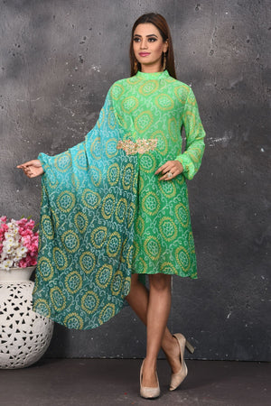Buy stunning ombre green bandhej print indowestern dress online in USA. Be party ready with exclusive designer wear outfits. Indian designer suits, Anarkali dresses, palazzo suits, sharara suits from Pure Elegance Indian fashion store in USA.-front