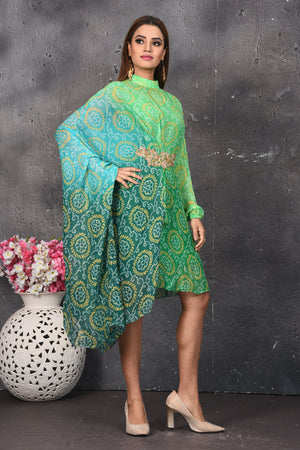 Buy stunning ombre green bandhej print indowestern dress online in USA. Be party ready with exclusive designer wear outfits. Indian designer suits, Anarkali dresses, palazzo suits, sharara suits from Pure Elegance Indian fashion store in USA.-side