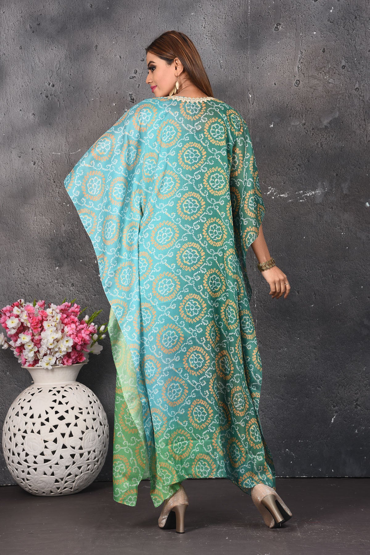 Shop stunning ombre green bandhani kaftaan dress online in USA. Be party ready with exclusive designer wear outfits. Indian designer suits, Anarkali dresses, palazzo suits, sharara suits from Pure Elegance Indian fashion store in USA.-back