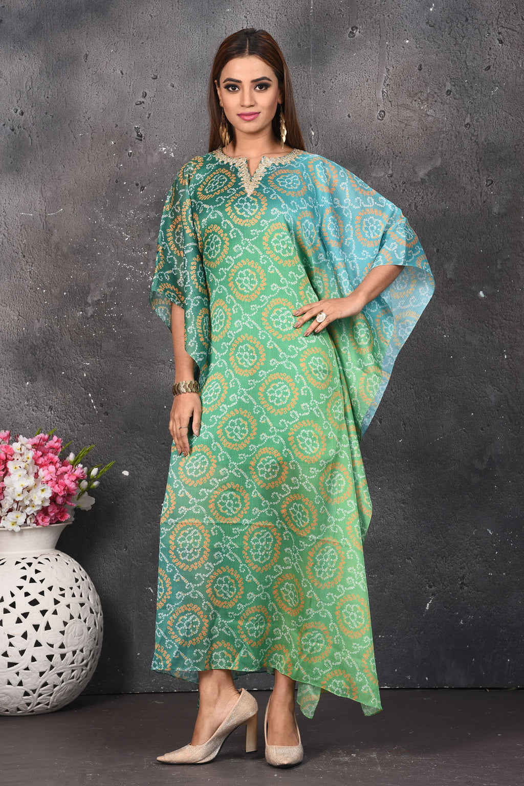 Shop stunning ombre green bandhani kaftaan dress online in USA. Be party ready with exclusive designer wear outfits. Indian designer suits, Anarkali dresses, palazzo suits, sharara suits from Pure Elegance Indian fashion store in USA.-full view