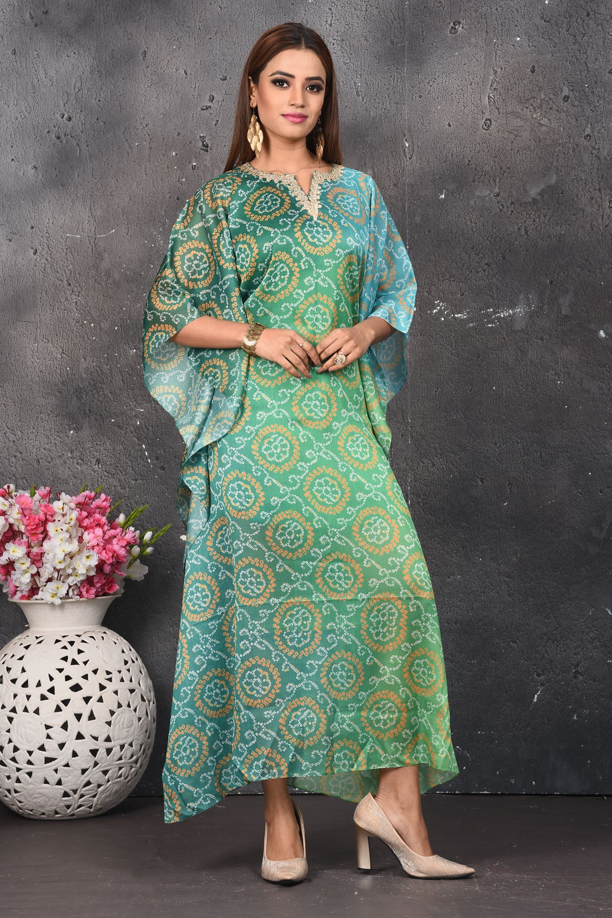 Shop stunning ombre green bandhani kaftaan dress online in USA. Be party ready with exclusive designer wear outfits. Indian designer suits, Anarkali dresses, palazzo suits, sharara suits from Pure Elegance Indian fashion store in USA.-front