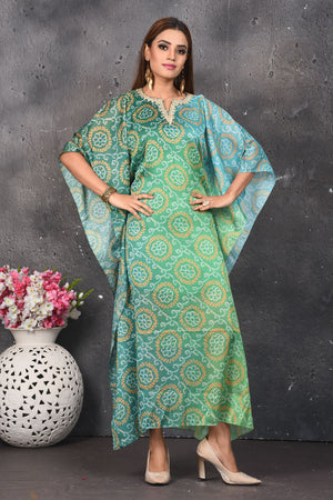 Shop stunning ombre green bandhani kaftaan dress online in USA. Be party ready with exclusive designer wear outfits. Indian designer suits, Anarkali dresses, palazzo suits, sharara suits from Pure Elegance Indian fashion store in USA.-kaftaan