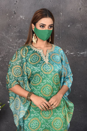 Shop stunning ombre green bandhani kaftaan dress online in USA. Be party ready with exclusive designer wear outfits. Indian designer suits, Anarkali dresses, palazzo suits, sharara suits from Pure Elegance Indian fashion store in USA.-closeup