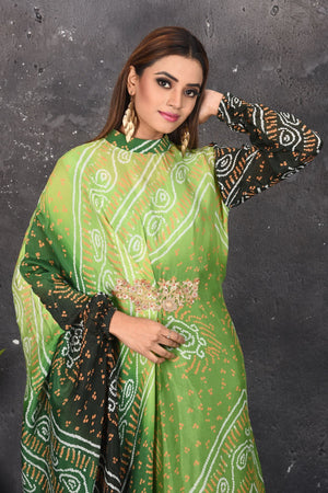 Shop Stunning Ombre Green Bandhani Draped Dress Online in USA Shop Stunning Ombre Green Bandhani Draped Dress Online in USA