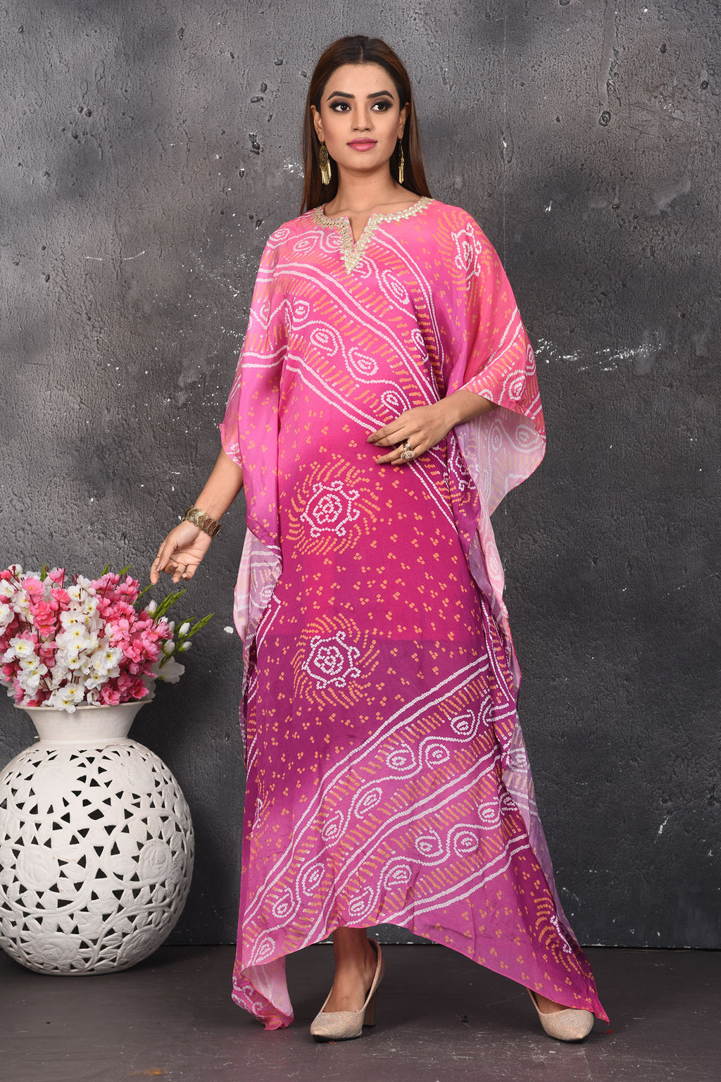 Buy stunning ombre pink bandhej kaftaan dress online in USA. Be party ready with exclusive designer wear outfits. Indian designer suits, Anarkali dresses, palazzo suits, sharara suits from Pure Elegance Indian fashion store in USA.-full view