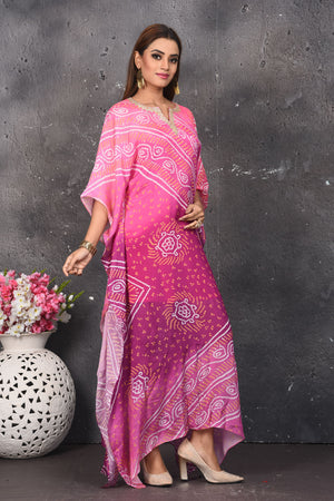 Buy stunning ombre pink bandhej kaftaan dress online in USA. Be party ready with exclusive designer wear outfits. Indian designer suits, Anarkali dresses, palazzo suits, sharara suits from Pure Elegance Indian fashion store in USA.-side