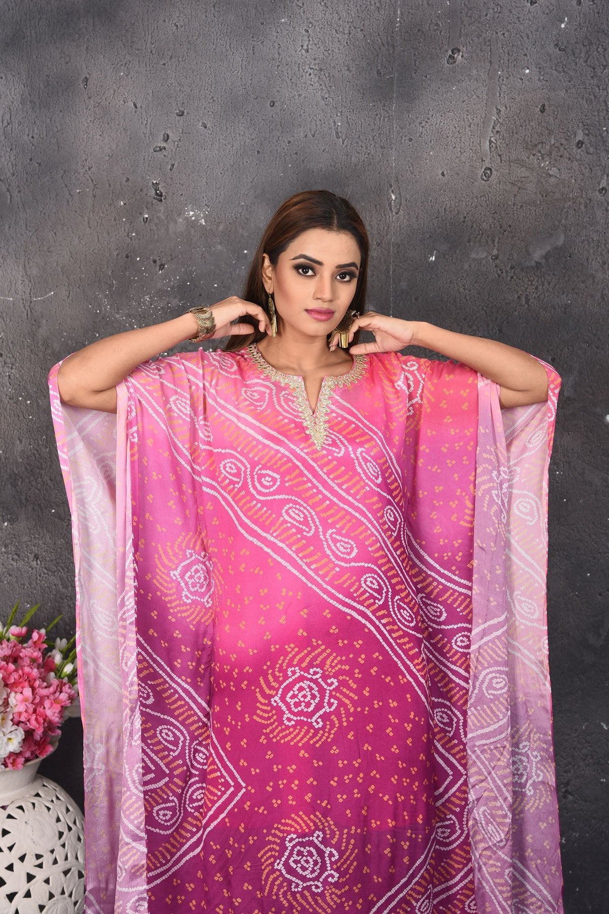 Buy stunning ombre pink bandhej kaftaan dress online in USA. Be party ready with exclusive designer wear outfits. Indian designer suits, Anarkali dresses, palazzo suits, sharara suits from Pure Elegance Indian fashion store in USA.-closeup