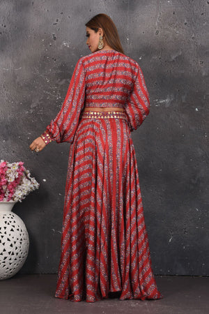 Shop stunning red printed mirror work skirt with crop top online in USA. Look your best at weddings and special occasions in exclusive designer lehengas, Anarkali suits, sharara suits. designer gowns and Indian dresses from Pure Elegance Indian fashion store in USA.-back
