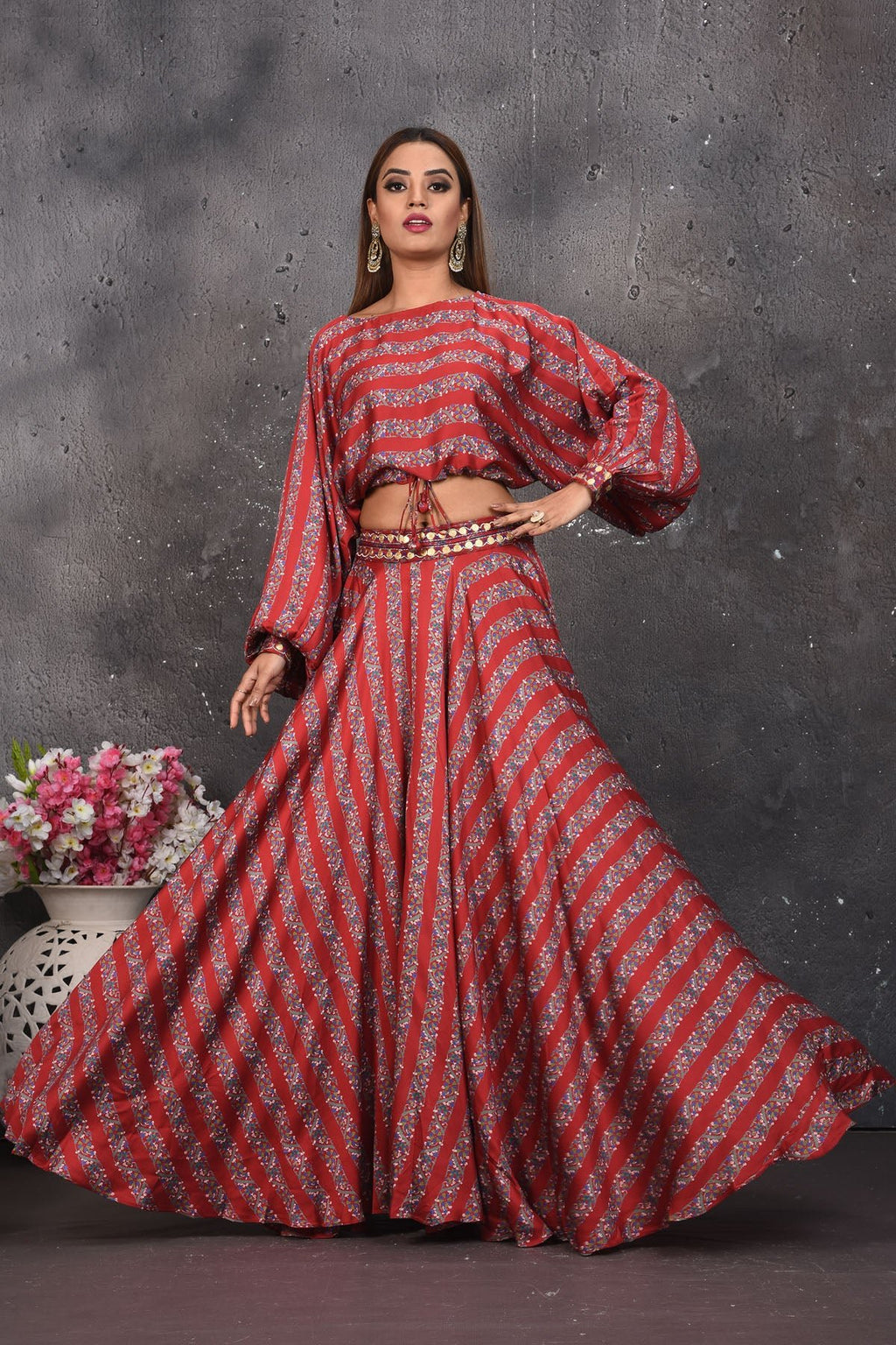 Shop stunning red printed mirror work skirt with crop top online in USA. Look your best at weddings and special occasions in exclusive designer lehengas, Anarkali suits, sharara suits. designer gowns and Indian dresses from Pure Elegance Indian fashion store in USA.-full view