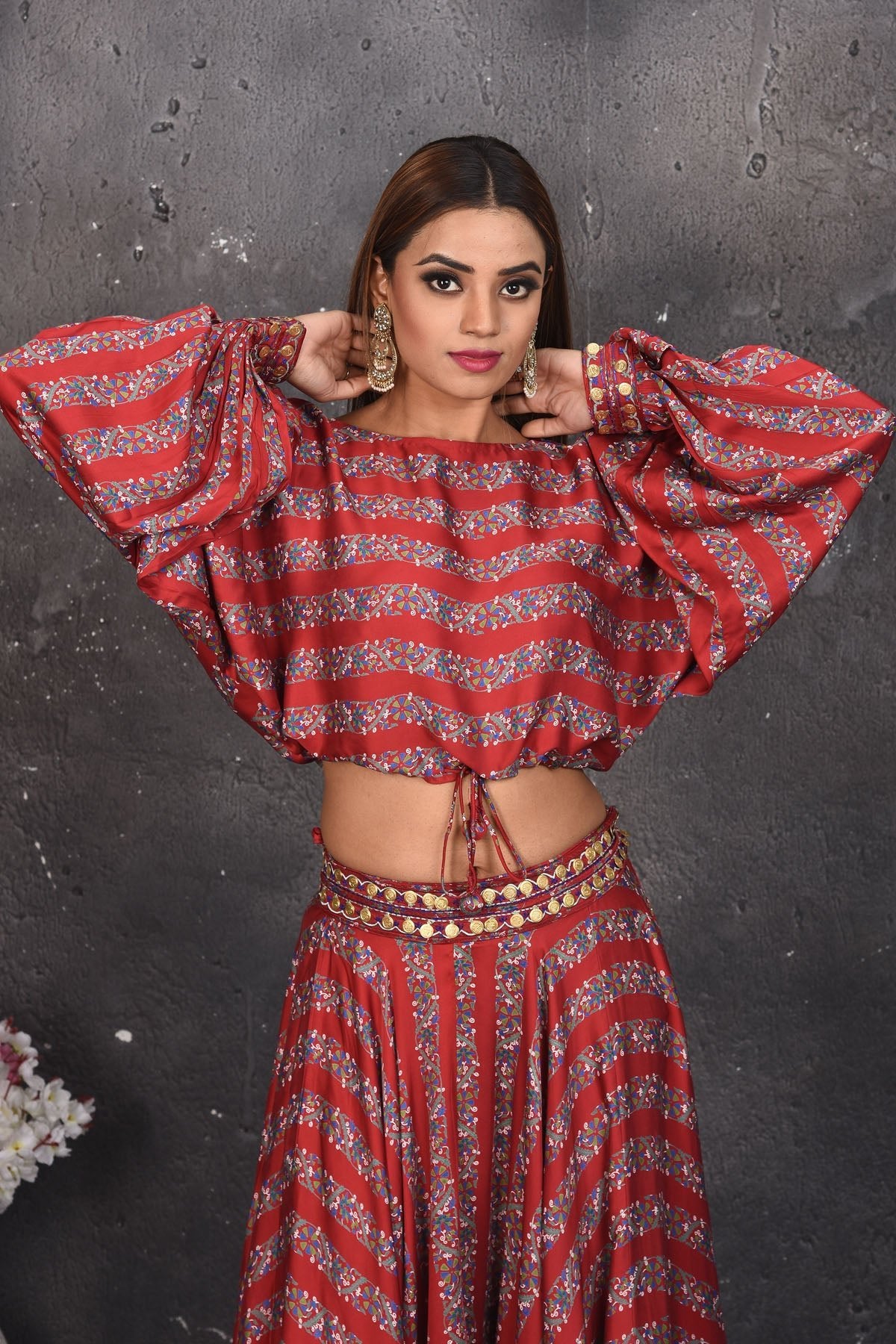 Shop stunning red printed mirror work skirt with crop top online in USA. Look your best at weddings and special occasions in exclusive designer lehengas, Anarkali suits, sharara suits. designer gowns and Indian dresses from Pure Elegance Indian fashion store in USA.-crop top
