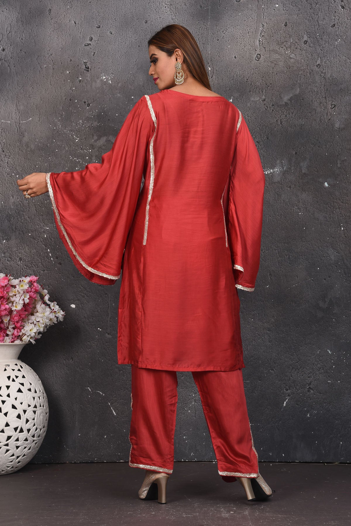 Buy beautiful dark red designer pant suit online in USA with dupatta. Look your best at weddings and special occasions in exclusive designer lehengas, Anarkali suits, sharara suits. designer gowns and Indian dresses from Pure Elegance Indian fashion store in USA.-back