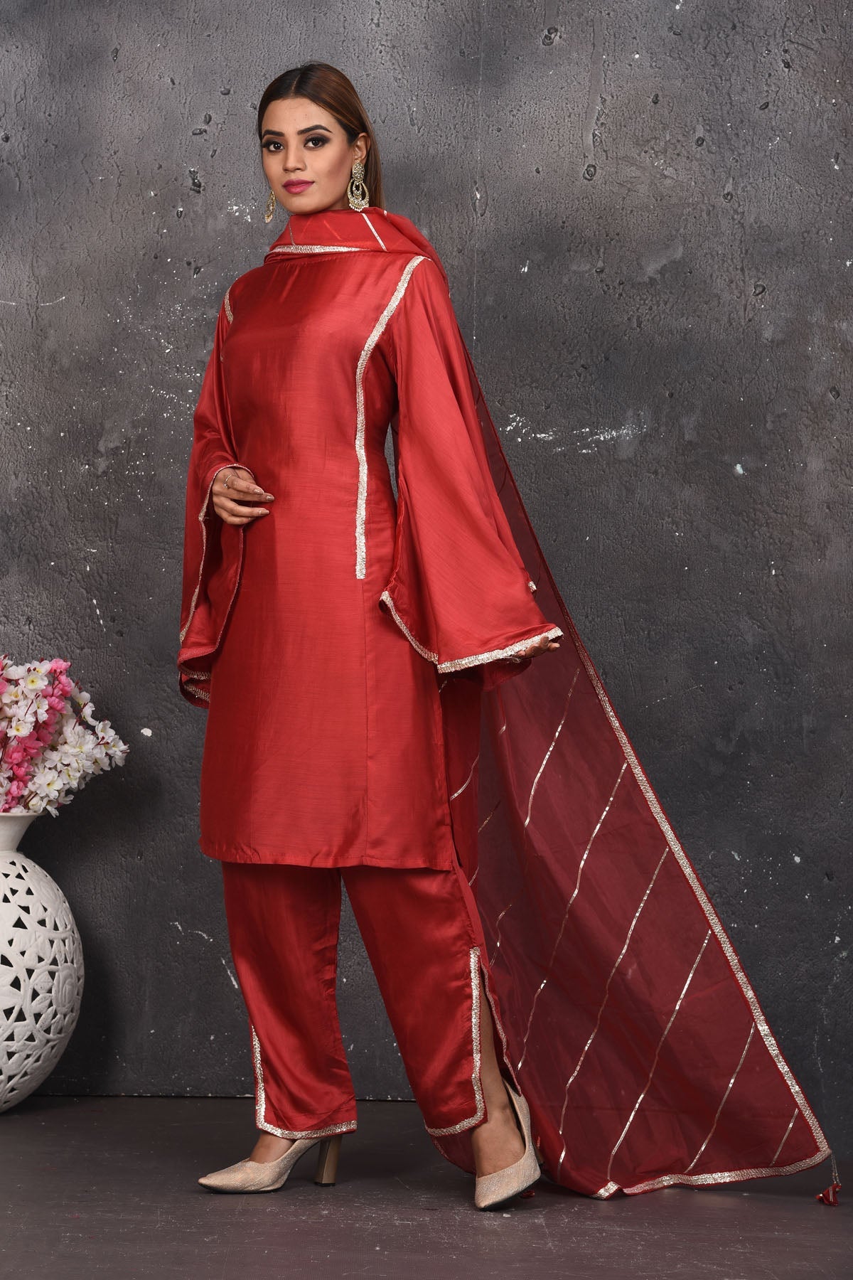 Buy beautiful dark red designer pant suit online in USA with dupatta. Look your best at weddings and special occasions in exclusive designer lehengas, Anarkali suits, sharara suits. designer gowns and Indian dresses from Pure Elegance Indian fashion store in USA.-dupatta