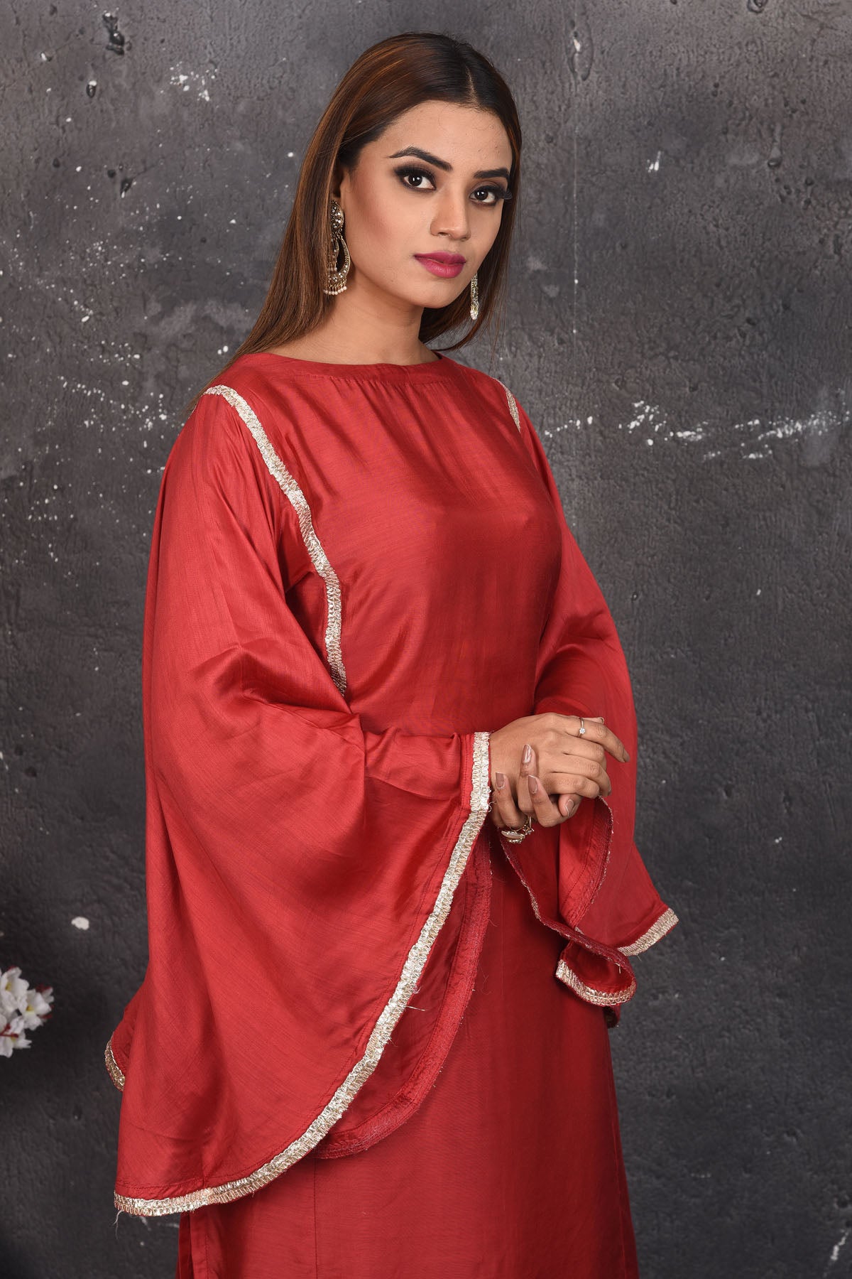 Buy beautiful dark red designer pant suit online in USA with dupatta. Look your best at weddings and special occasions in exclusive designer lehengas, Anarkali suits, sharara suits. designer gowns and Indian dresses from Pure Elegance Indian fashion store in USA.-closeup