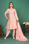 Buy beautiful powder pink zari work salwar suit online in USA with dupatta. Flaunt your sartorial choice on special occasions in stunning designer lehengas, Indian dresses, Anarkali suits, sharara suits, wedding gowns from Pure Elegance Indian fashion store in USA.-full view