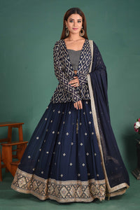 Shop stunning dark blue designer lehenga online in USA with jacket and dupatta. Dazzle on weddings and special occasions with exquisite Indian designer dresses, sharara suits, designer lehengas Anarkali suits, wedding lehengas from Pure Elegance Indian fashion store in USA.-full view