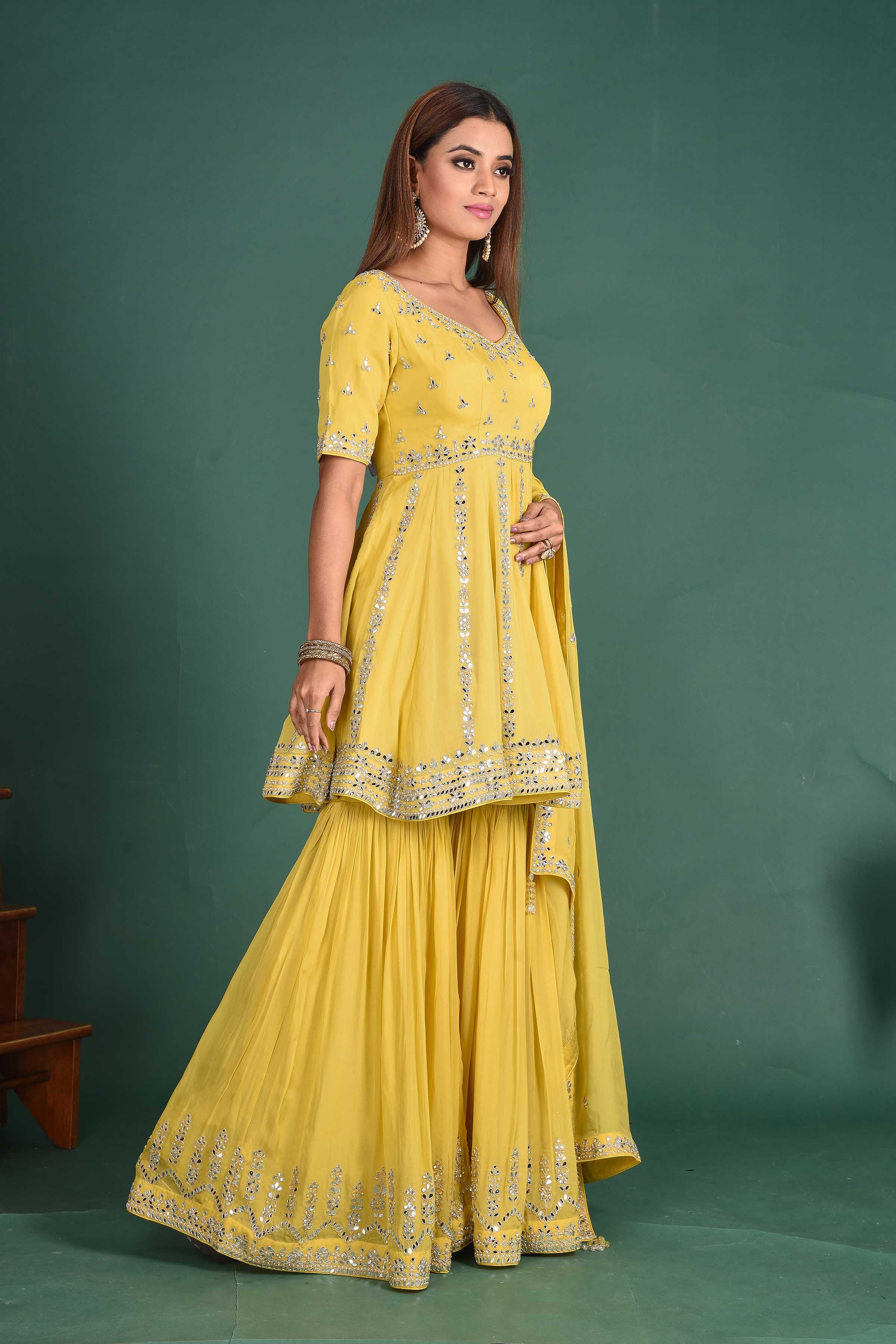 503206 Yellow Embroidered Peplum Sharara Suit with Dupatta 503206 Yellow Embroidered Peplum Sharara Suit with Dupatta