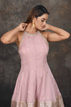 Buy beautiful mauve halter neck embroidered sharara suit online in USA with dupatta. Dazzle at sangeet and wedding occasions in this beautiful designer lehengas, Anarkali suits, sharara suit, bridal gowns, bridal lehengas from Pure Elegance Indian fashion store in USA.-closeup