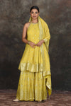 Shop stunning yellow halter neck embroidered sharara suit online in USA with dupatta. Dazzle at sangeet and wedding occasions in this beautiful designer lehengas, Anarkali suits, sharara suit, bridal gowns, bridal lehengas from Pure Elegance Indian fashion store in USA.-full view