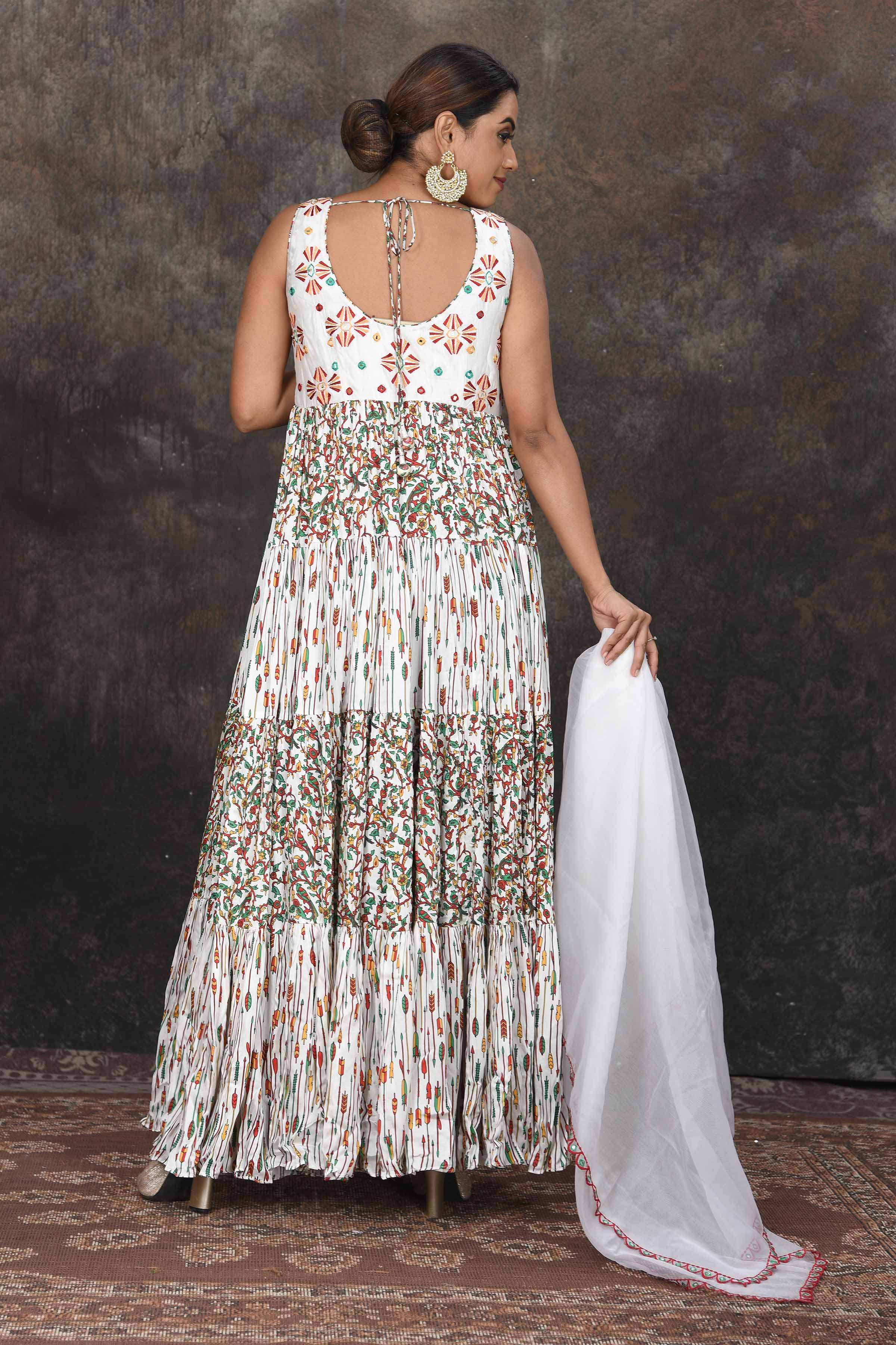 Shop white multicolor print Anarkali dress online in USA with dupatta. Dazzle at sangeet and wedding occasions in this beautiful designer lehengas, Anarkali suits, sharara suit, bridal gowns, bridal lehengas from Pure Elegance Indian fashion store in USA.-back