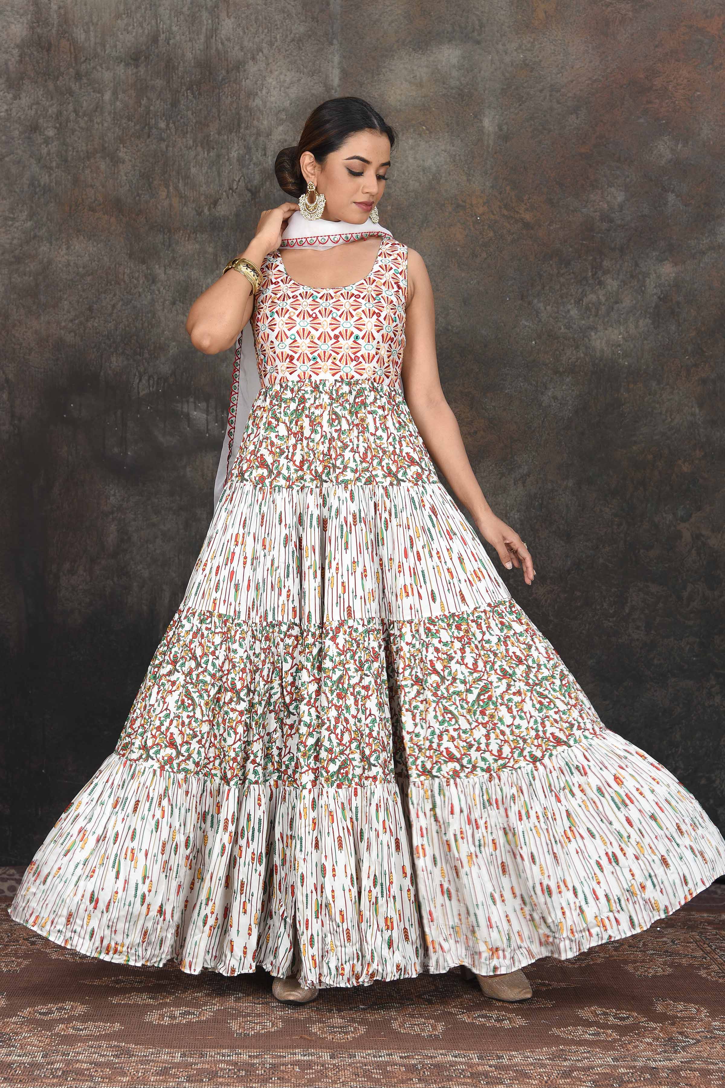 Shop white multicolor print Anarkali dress online in USA with dupatta. Dazzle at sangeet and wedding occasions in this beautiful designer lehengas, Anarkali suits, sharara suit, bridal gowns, bridal lehengas from Pure Elegance Indian fashion store in USA.-full view
