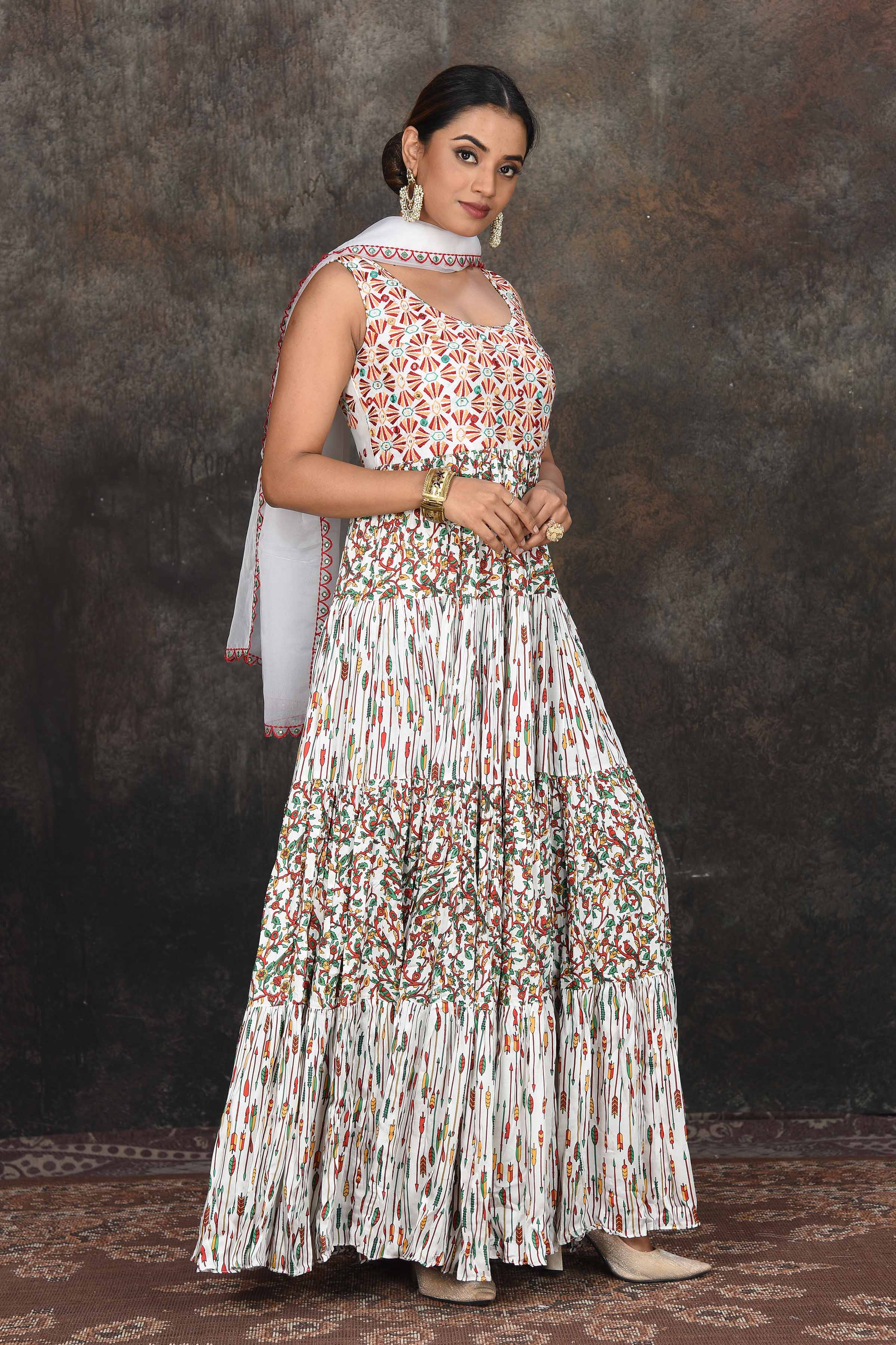 Shop white multicolor print Anarkali dress online in USA with dupatta. Dazzle at sangeet and wedding occasions in this beautiful designer lehengas, Anarkali suits, sharara suit, bridal gowns, bridal lehengas from Pure Elegance Indian fashion store in USA.-right