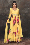 Buy beautiful yellow floral floor length Anarkali suit online in USA with dupatta. Dazzle at sangeet and wedding occasions in this beautiful designer lehengas, Anarkali suits, sharara suit, bridal gowns, bridal lehengas from Pure Elegance Indian fashion store in USA.-full view