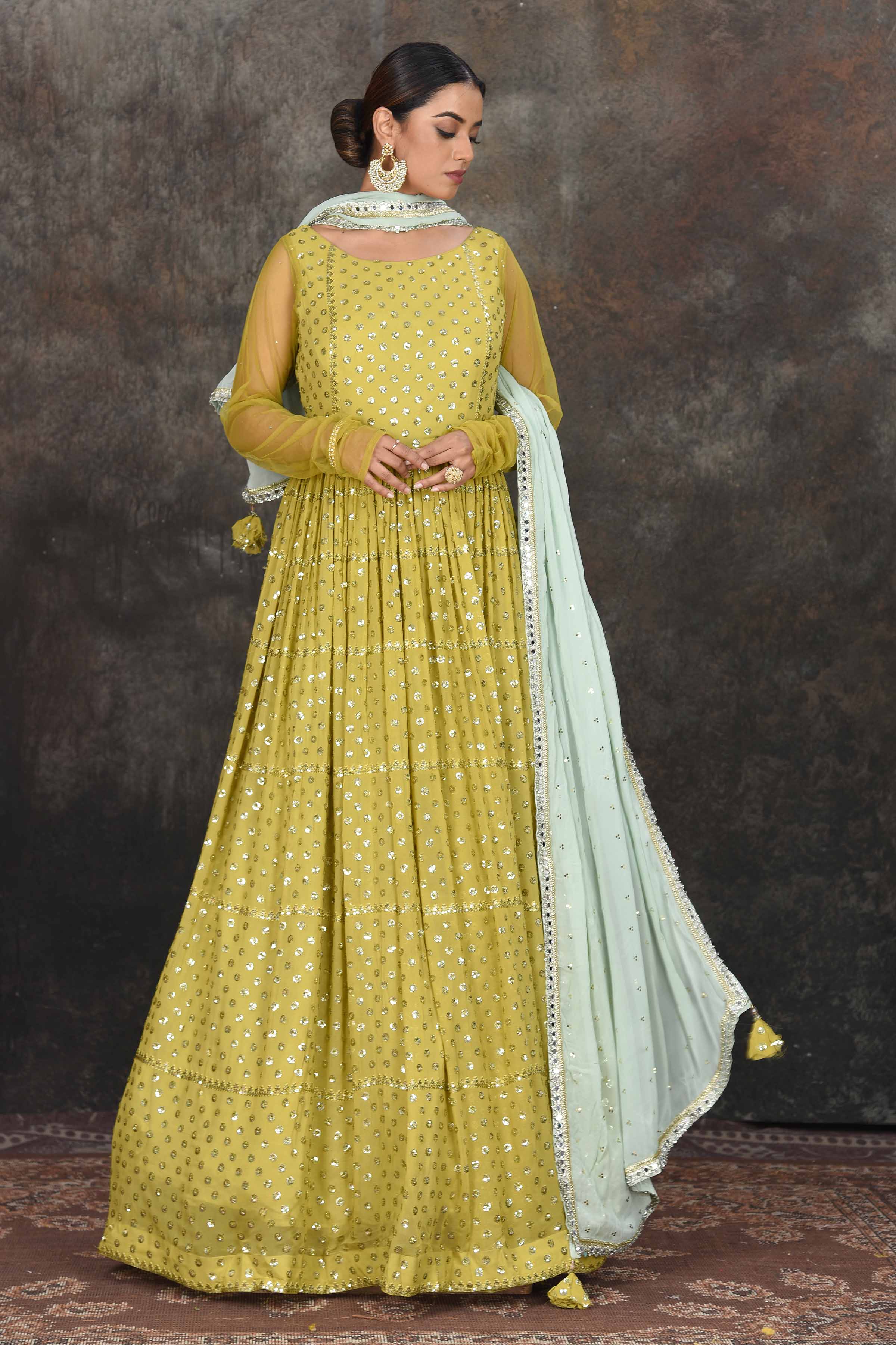 Buy beautiful pista green embroidered Anarkali suit online in USA with mint green embroidered dupatta. Dazzle at sangeet and wedding occasions in this beautiful designer lehengas, Anarkali suits, sharara suit, bridal gowns, bridal lehengas from Pure Elegance Indian fashion store in USA.-full view