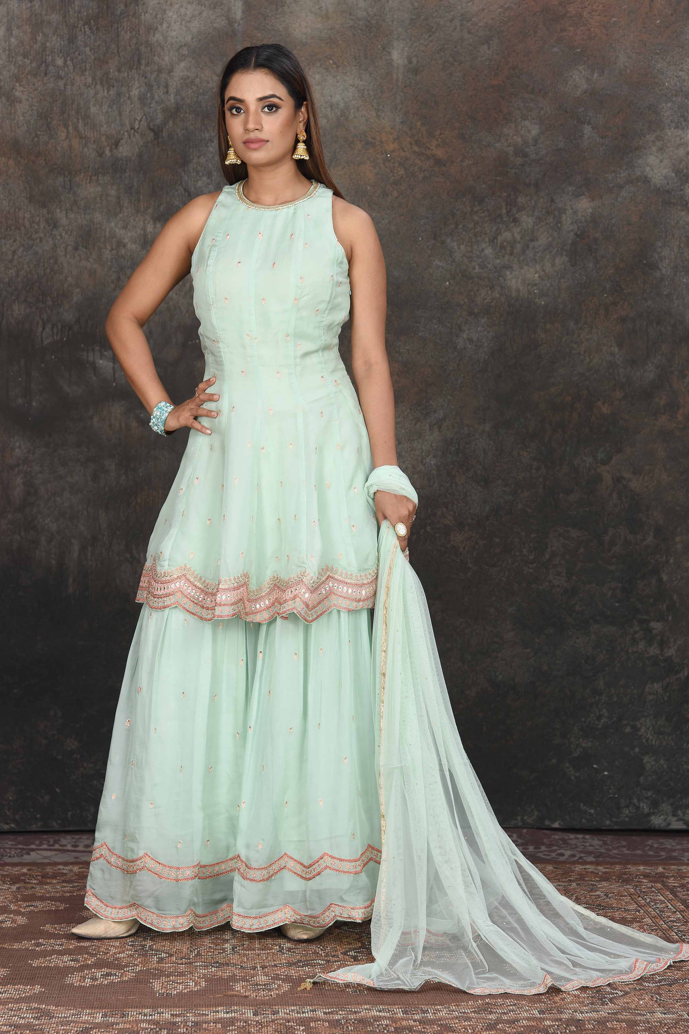 Shop beautiful mint green embroidered sharara suit online in USA with dupatta. Dazzle at sangeet and wedding occasions in this beautiful designer lehengas, Anarkali suits, sharara suit, bridal gowns, bridal lehengas from Pure Elegance Indian fashion store in USA.-full view