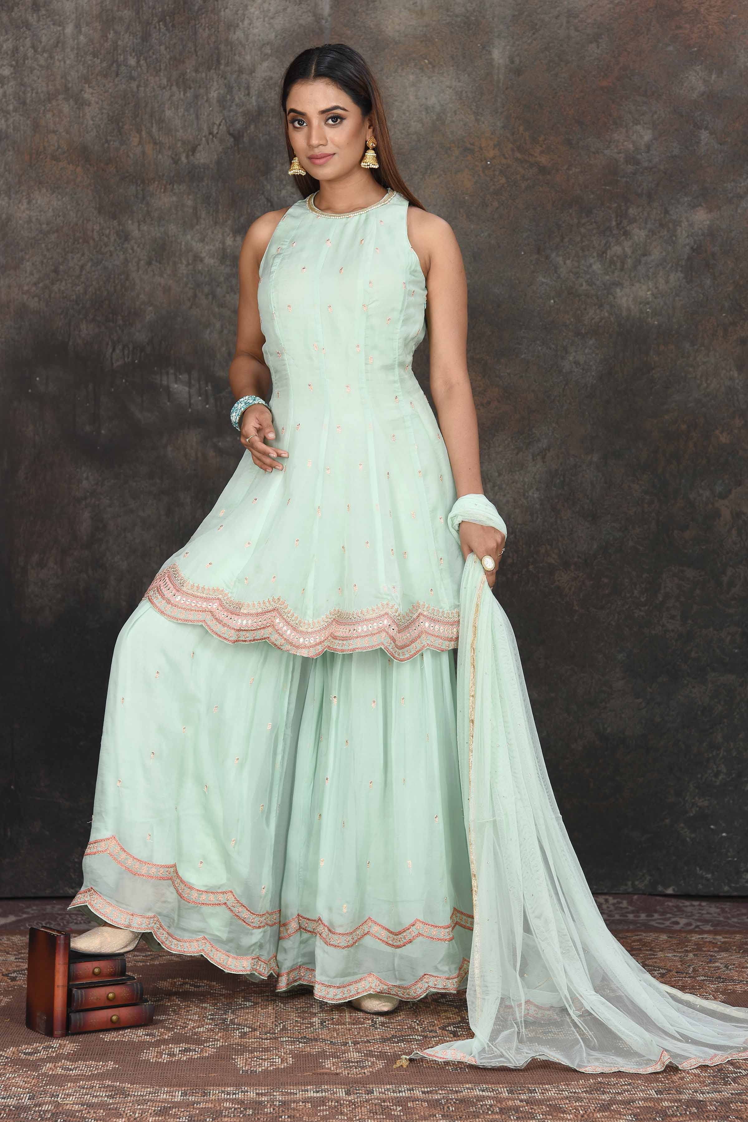 Shop beautiful mint green embroidered sharara suit online in USA with dupatta. Dazzle at sangeet and wedding occasions in this beautiful designer lehengas, Anarkali suits, sharara suit, bridal gowns, bridal lehengas from Pure Elegance Indian fashion store in USA.-side