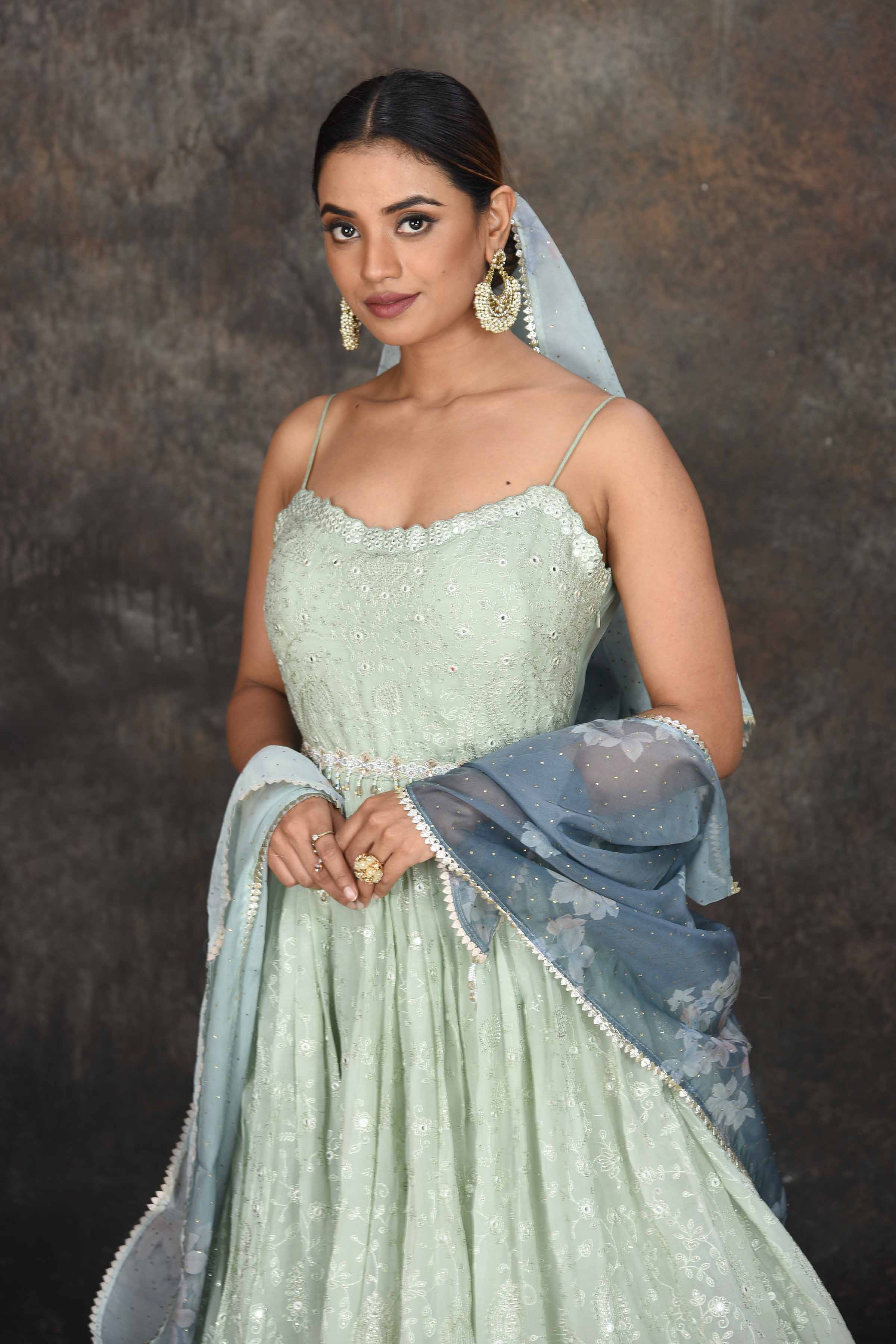 Buy beautiful mint green embroidered Anarkali suit online in USA with floral dupatta. Dazzle at sangeet and wedding occasions in this beautiful designer lehengas, Anarkali suits, sharara suit, bridal gowns, bridal lehengas from Pure Elegance Indian fashion store in USA.-closeup