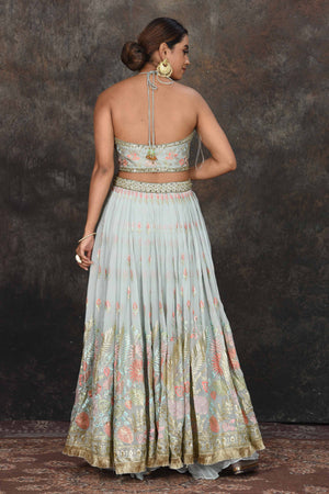 Shop stunning sage green embroidered halter neck lehenga online in USA. Dazzle at sangeet and wedding occasions in this beautiful designer lehengas, Anarkali suits, sharara suit, bridal gowns, bridal lehengas from Pure Elegance Indian fashion store in USA.-back