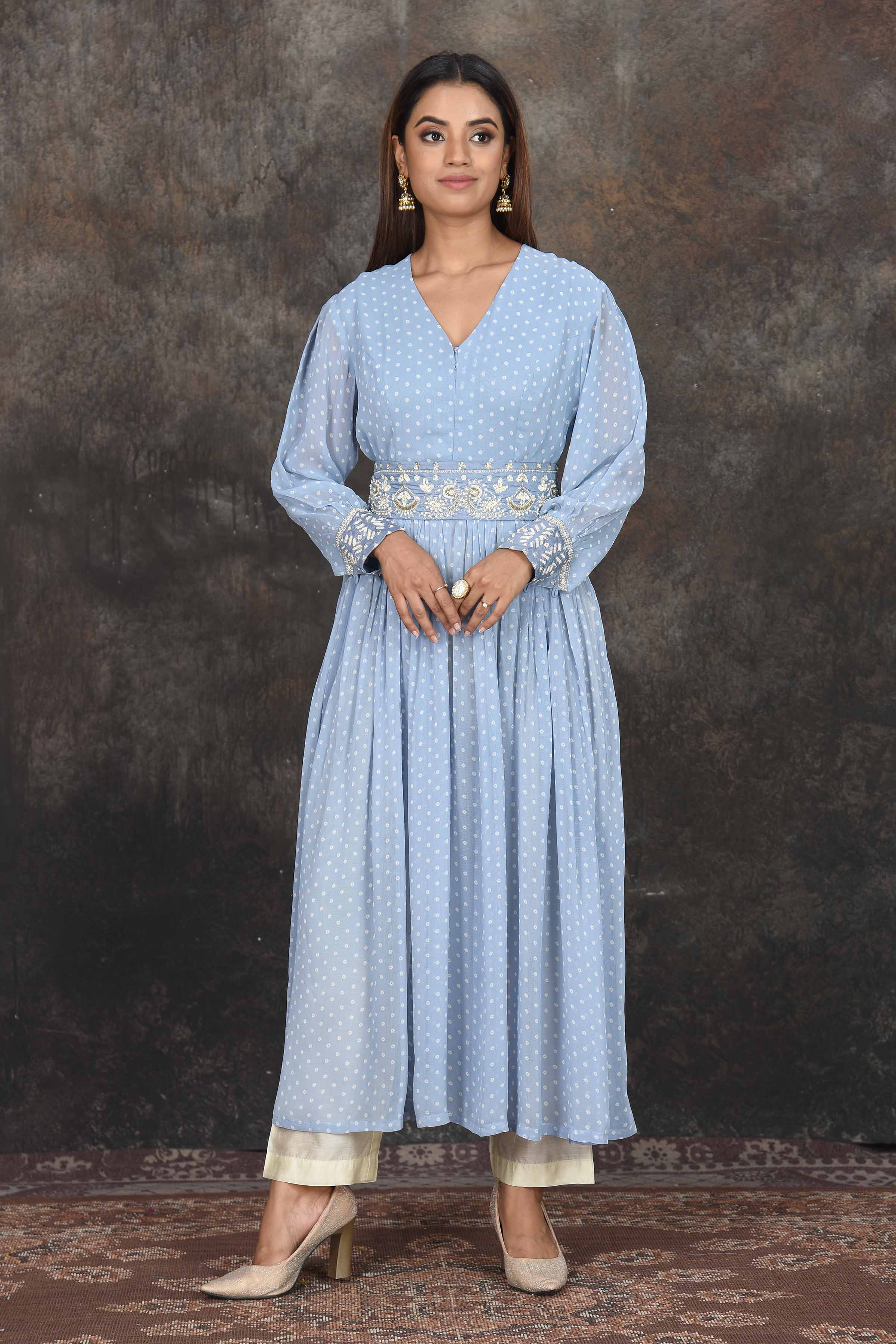 Shop light blue bandhej Anarkali online in USA with cream pants. Dazzle at sangeet and wedding occasions in this beautiful designer lehengas, Anarkali suits, sharara suit, bridal gowns, bridal lehengas from Pure Elegance Indian fashion store in USA.-full view