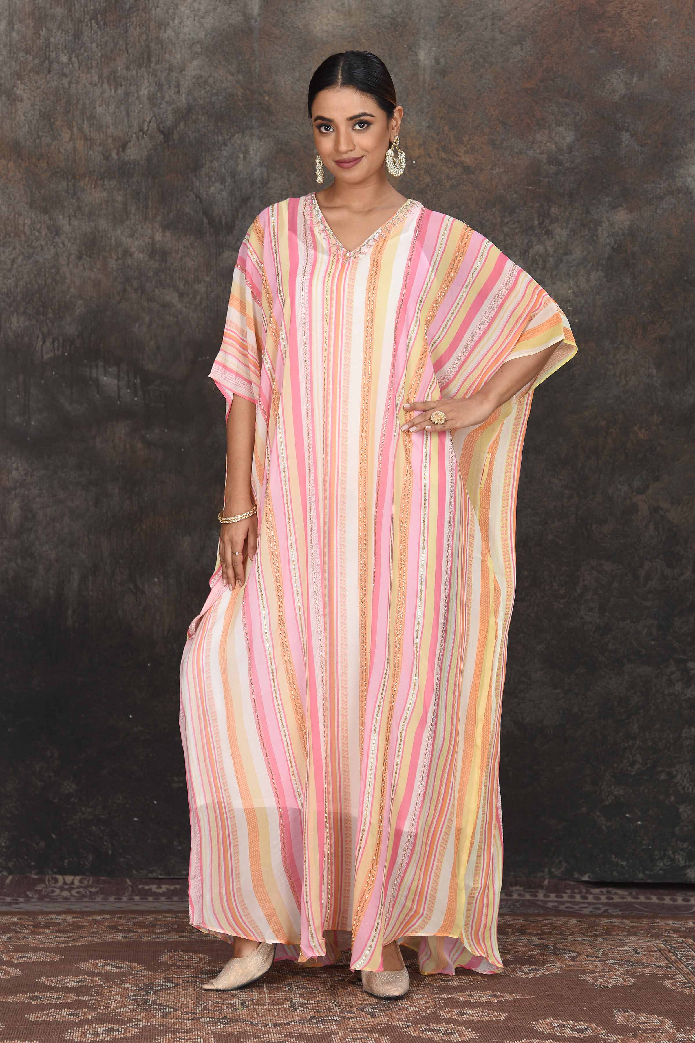 Shop stunning cream and pink stripes embroidered kaftaan online in USA. Dazzle at sangeet and wedding occasions in this beautiful designer lehengas, Anarkali suits, sharara suit, bridal gowns, bridal lehengas from Pure Elegance Indian fashion store in USA.-full view