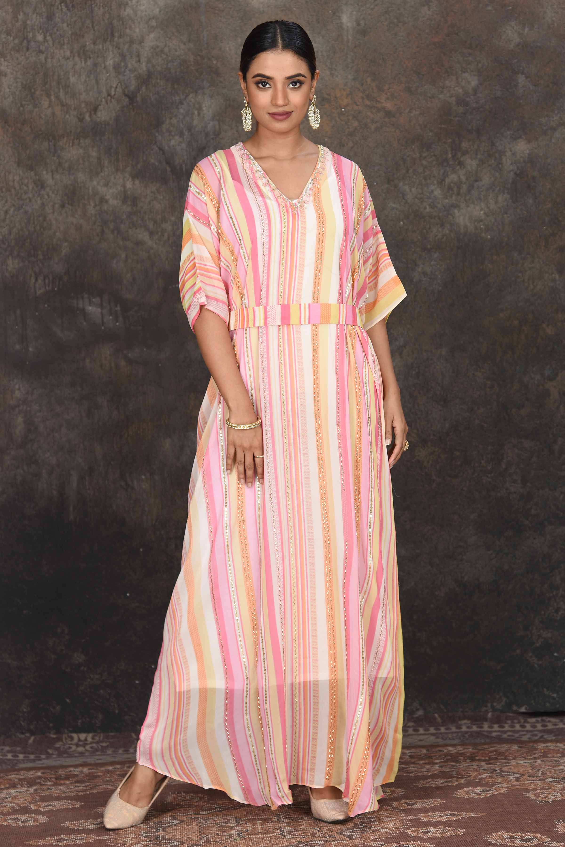 Shop stunning cream and pink stripes embroidered kaftaan online in USA. Dazzle at sangeet and wedding occasions in this beautiful designer lehengas, Anarkali suits, sharara suit, bridal gowns, bridal lehengas from Pure Elegance Indian fashion store in USA.-kaftaan