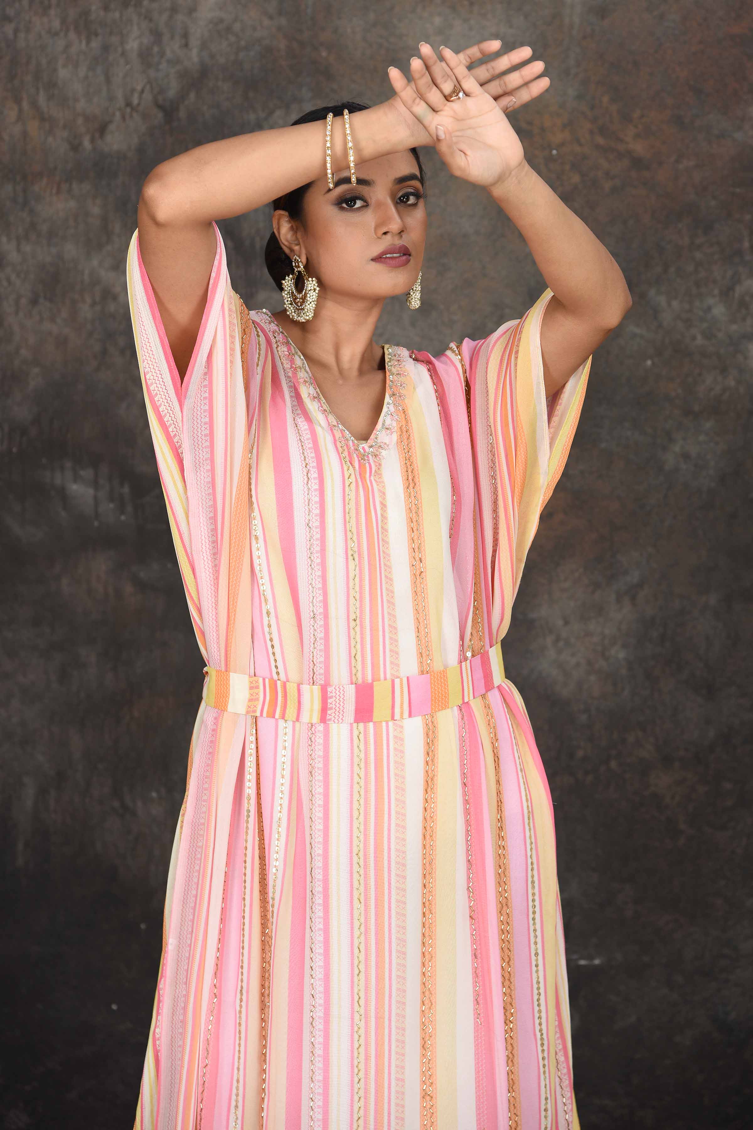 Shop stunning cream and pink stripes embroidered kaftaan online in USA. Dazzle at sangeet and wedding occasions in this beautiful designer lehengas, Anarkali suits, sharara suit, bridal gowns, bridal lehengas from Pure Elegance Indian fashion store in USA.-closeup