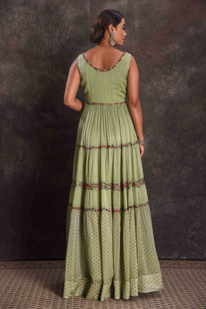Shop beautiful pista green embroidered sleeveless party gown online in USA. Look your ethnic best on festive occasions with latest designer sarees, pure silk sarees, Kanchipuram silk sarees, designer dresses, Anarkali suits, gown, embroidered sarees from Pure Elegance Indian fashion store in USA.-back