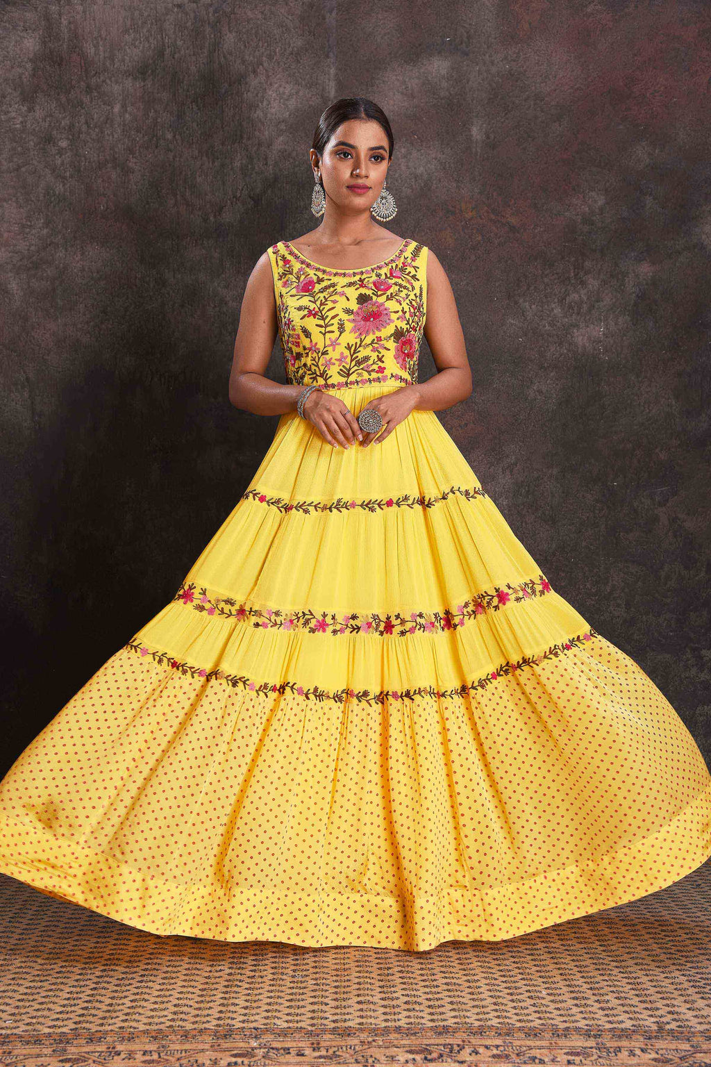 Buy beautiful yellow embroidered sleeveless party gown online in USA. Look your ethnic best on festive occasions with latest designer sarees, pure silk sarees, Kanchipuram silk sarees, designer dresses, Anarkali suits, gown, embroidered sarees from Pure Elegance Indian fashion store in USA.-full view