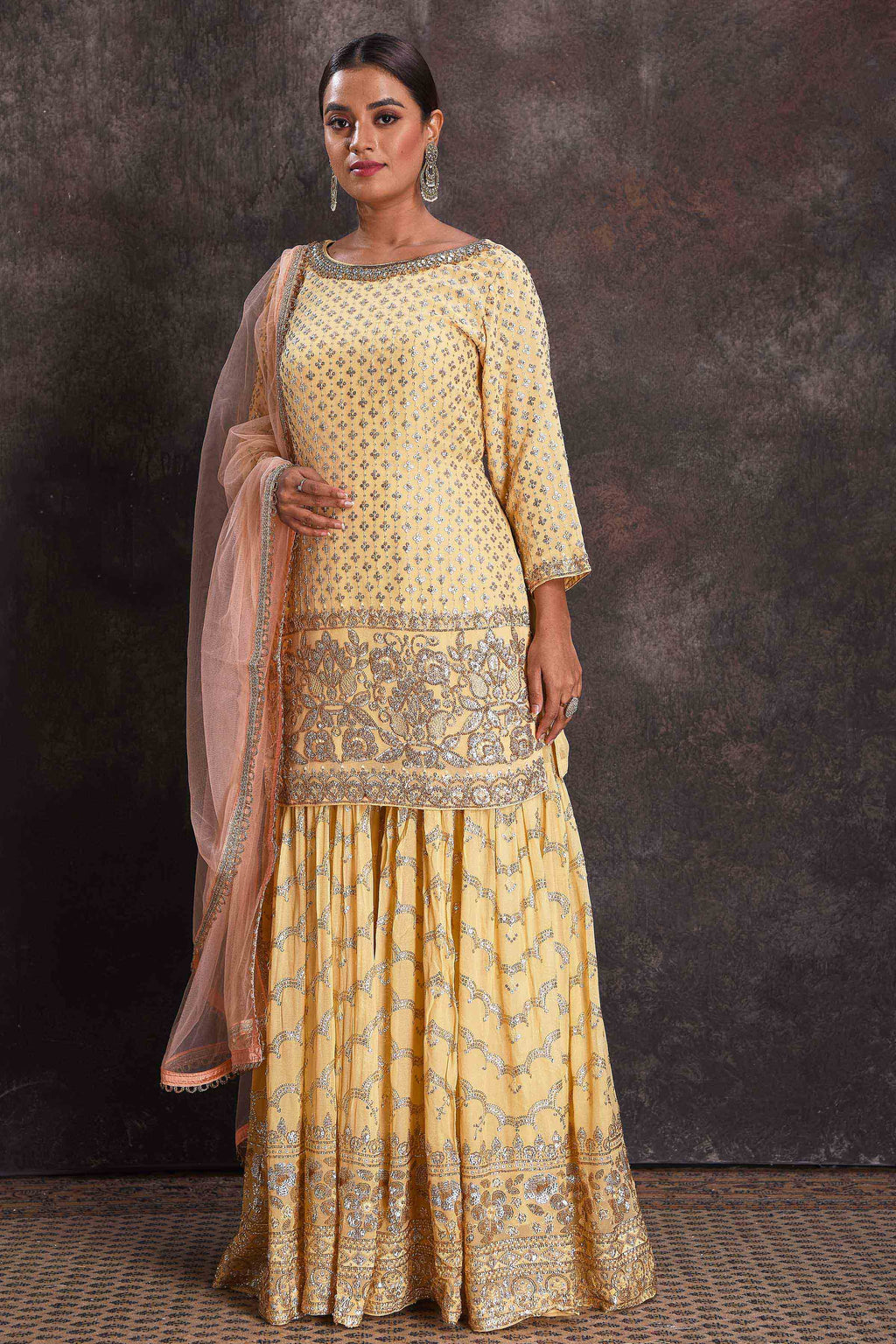 Buy beautiful lemon yellow embroidered sharara suit online in USA with dupatta. Look your ethnic best on festive occasions with latest designer sarees, pure silk sarees, Kanchipuram silk sarees, designer dresses, Anarkali suits, gown, embroidered sarees from Pure Elegance Indian fashion store in USA.-full view