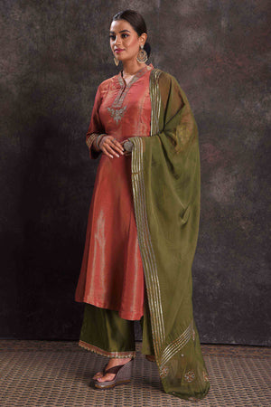 Buy stunning metallic orange embroidered Anarkali suit online in USA with green dupatta. Look your ethnic best on festive occasions with latest designer sarees, pure silk sarees, Kanchipuram silk sarees, designer dresses, Anarkali suits, gown, embroidered sarees from Pure Elegance Indian fashion store in USA.-dupatta