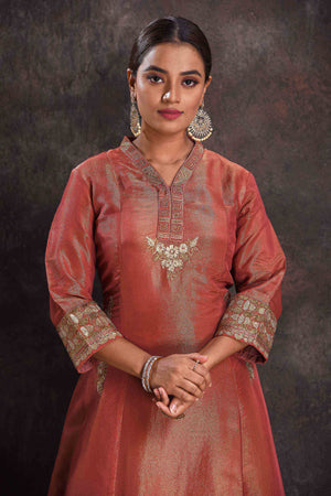Buy stunning metallic orange embroidered Anarkali suit online in USA with green dupatta. Look your ethnic best on festive occasions with latest designer sarees, pure silk sarees, Kanchipuram silk sarees, designer dresses, Anarkali suits, gown, embroidered sarees from Pure Elegance Indian fashion store in USA.-closeup