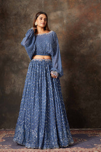 Shop beautiful blue embroidered designer skirt set online in USA. Look stylish at parties and special occasions in beautiful designer sarees, embroidered sarees, handwoven silk, party sarees, lehengas, Anarkali suits from Pure Elegance Indian fashion store in USA.-full view