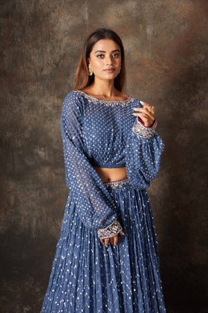 Shop beautiful blue embroidered designer skirt set online in USA. Look stylish at parties and special occasions in beautiful designer sarees, embroidered sarees, handwoven silk, party sarees, lehengas, Anarkali suits from Pure Elegance Indian fashion store in USA.-closeup