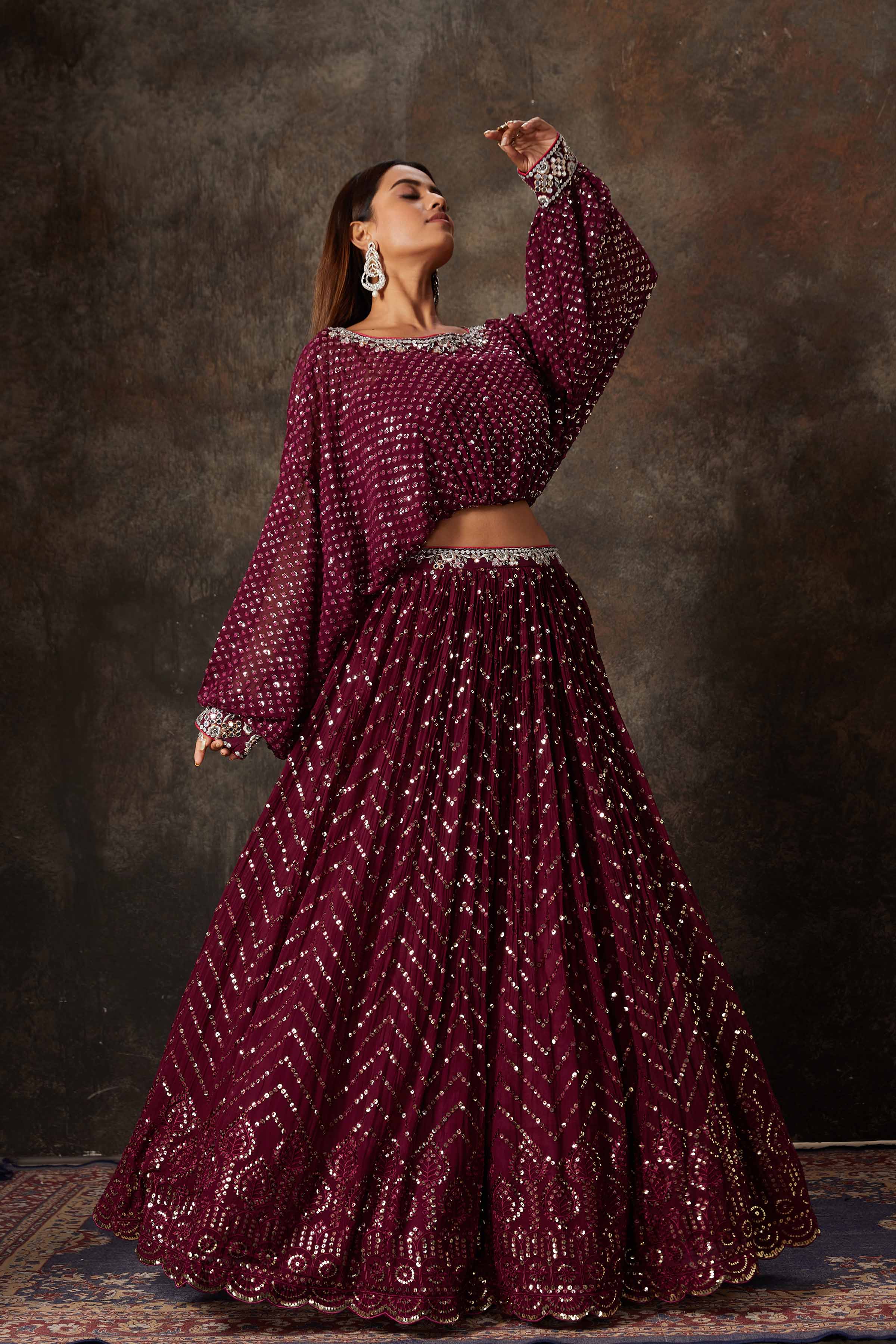 Buy beautiful wine color embroidered designer skirt set online in USA. Look stylish at parties and special occasions in beautiful designer sarees, embroidered sarees, handwoven silk, party sarees, lehengas, Anarkali suits from Pure Elegance Indian fashion store in USA.-bloue
