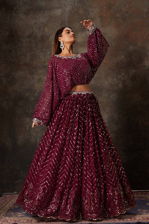 Buy beautiful wine color embroidered designer skirt set online in USA. Look stylish at parties and special occasions in beautiful designer sarees, embroidered sarees, handwoven silk, party sarees, lehengas, Anarkali suits from Pure Elegance Indian fashion store in USA.-bloue