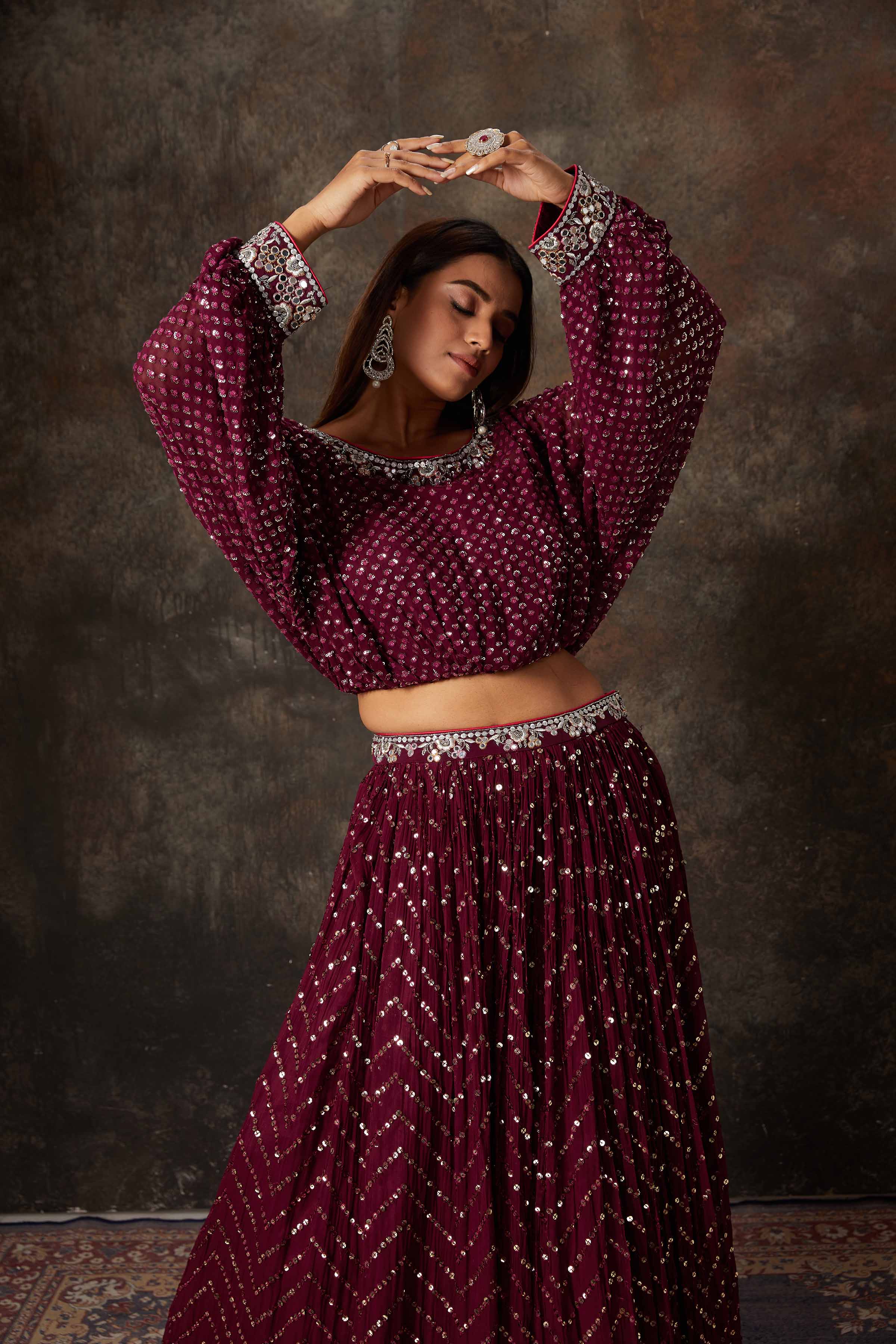 Buy beautiful wine color embroidered designer skirt set online in USA. Look stylish at parties and special occasions in beautiful designer sarees, embroidered sarees, handwoven silk, party sarees, lehengas, Anarkali suits from Pure Elegance Indian fashion store in USA.-closeup