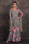 Shop beautiful grey floral floorlength Anarkali online in USA with dupatta. Be the star of the occasion in this stylish designer lehengas, designer gowns, Indowestern dresses, Anarkali suits, sharara suits from Pure Elegance Indian fashion store in USA.-full view