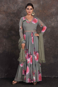 Shop beautiful grey floral floorlength Anarkali online in USA with dupatta. Be the star of the occasion in this stylish designer lehengas, designer gowns, Indowestern dresses, Anarkali suits, sharara suits from Pure Elegance Indian fashion store in USA.-full view